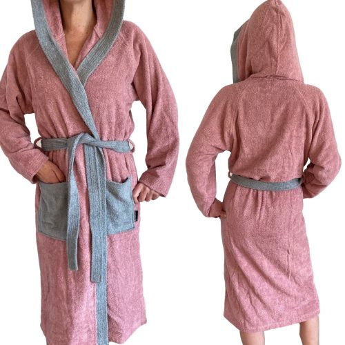 Halat de baie din tesatura Homelevel, XL, Roz / Gri, Bumbac organic, 54856.33.4