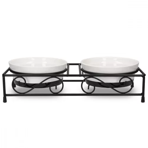 Set 2 Boluri din ceramica pentru caini si pisici Navaris cu suport metalic, 320 ml, 46947.1