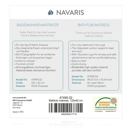 Saltea baie Navaris, 125x42 cm, perna pentru cada cu 13 ventuze antiderapante, alb, poliester