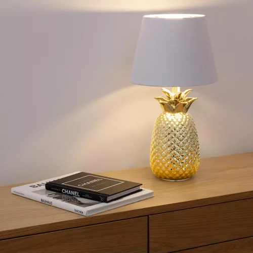 Lampa de masa Navaris, design ananas, 40 cm, gold/white, ceramica si metal, alb/auriu, ceramica/metal