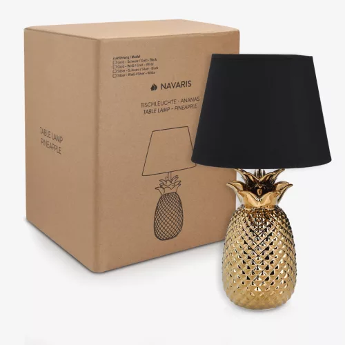Lampa de masa Navaris, design ananas, 35 cm, gold/black, negru, sticla/ceramica/metal