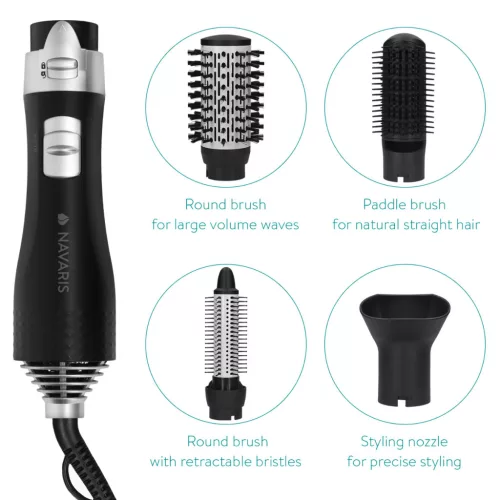 Perie styling cu aer cald Navaris, 4 atasamente, coafare uscata, negru/argintiu, plastic