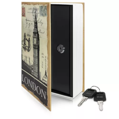 Seif tip carte Navaris, design Londra, 18.5x11.5x5.2 si 24x16x5 cm, 2 chei, albastru, otel