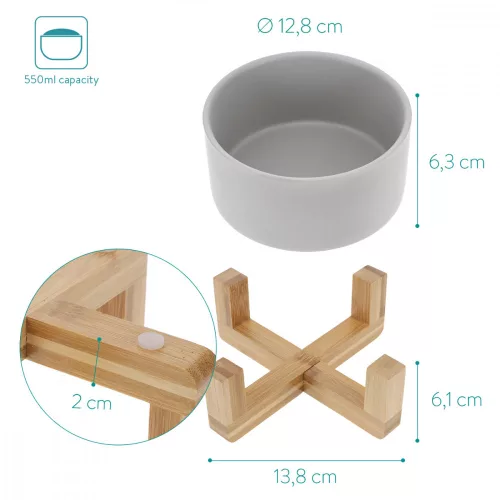 Set 2 Boluri pentru pisici si caini cu suport din bambus Navaris, 550 ml, Gri, 48350.1.22