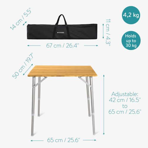 Masa de camping pliabila din bambus Navaris, 65 x 50 cm, Reglabila, Bambus, 51166.2