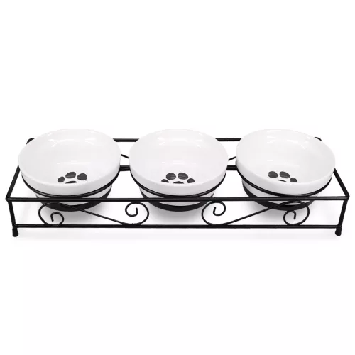 Set 3 Boluri din ceramica pentru caini si pisici Navaris cu suport metalic, 320 ml, 46947.2
