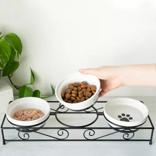 Set 3 Boluri din ceramica pentru caini si pisici Navaris cu suport metalic, 320 ml, 46947.2