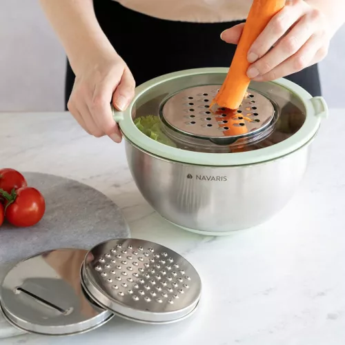 Set 2 boluri metalice multifunctionale cu capac Navaris, 20 cm si 24 cm, 3 razatori, Antiderapant, Inox, Argintiu/Verde, 49210.02.71