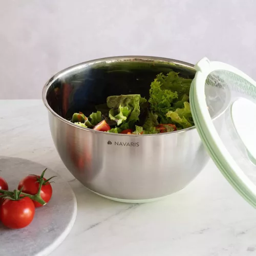Set 2 boluri metalice multifunctionale cu capac Navaris, 20 cm si 24 cm, 3 razatori, Antiderapant, Inox, Argintiu/Verde, 49210.02.71