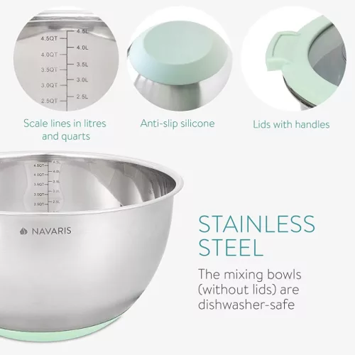 Set 2 boluri metalice multifunctionale cu capac Navaris, 20 cm si 24 cm, 3 razatori, Antiderapant, Inox, Argintiu/Verde, 49210.02.71