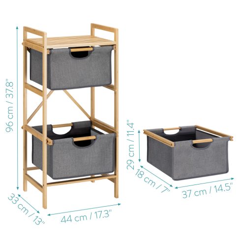 Raft baie cu 3 cosuri Navaris, 96x44x33 cm, organizare rufe si accesorii, maro, bambus