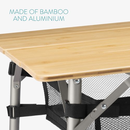 Masa de camping pliabila din bambus cu raft Navaris, 100 x 65 cm, Reglabila, Bambus, 51166.3.01