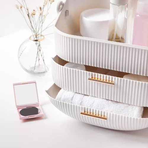 Organizator pentru cosmetice cu 2 sertare si capac transparent Navaris, Alb, 53845.02