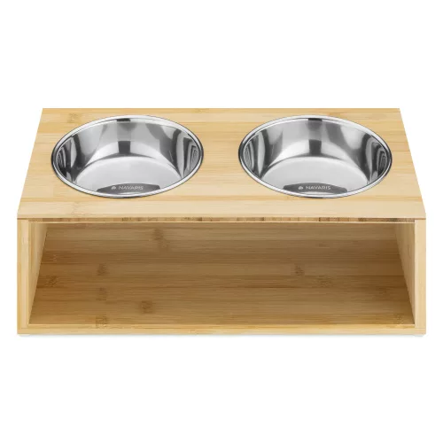Set 2 Boluri pentru pisici si caini cu suport din bambus Navaris, 400 ml, Maro, 54135.2