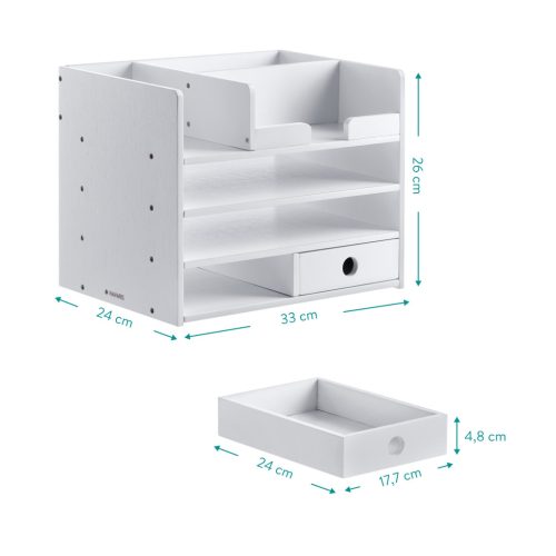 Organizator birou cu sertare Navaris, 33x24x26 cm, auto-asamblare, alb, bambus