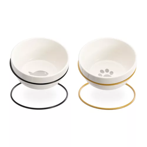 Set 2 Boluri de ceramica cu suport metalic Navaris, 380 ml, Gold / Negru, 55984.01