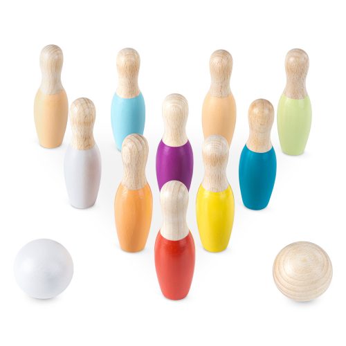 Joc de bowling pentru copii Navaris cu 10 popice si 2 mingi din lemn, 56354.01