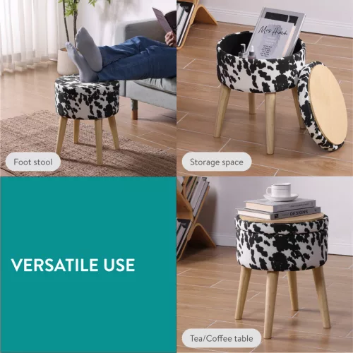 Taburet cu depozitare Navaris, imprimeu cow print, 35x35x42 cm, capac capitonat, alb/negru, plastic