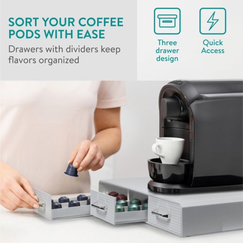 Organizator capsule cafea Navaris, 3 sertare, 48 capsule, 34.2x6.5x32.5 cm, HIPS, gri, plastic