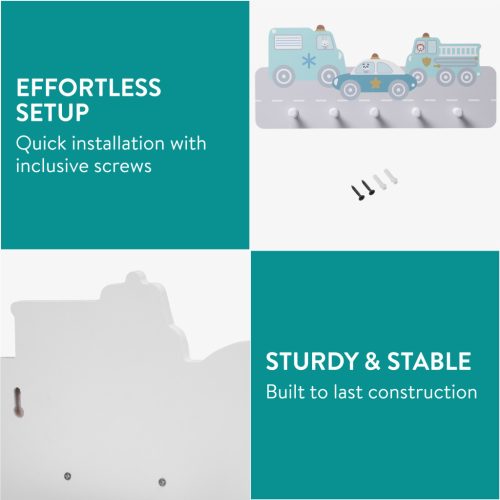 Cuier perete copii Navaris, tematica masini, 5 agatatori, 43x18.5x4 cm, multicolor, MDF