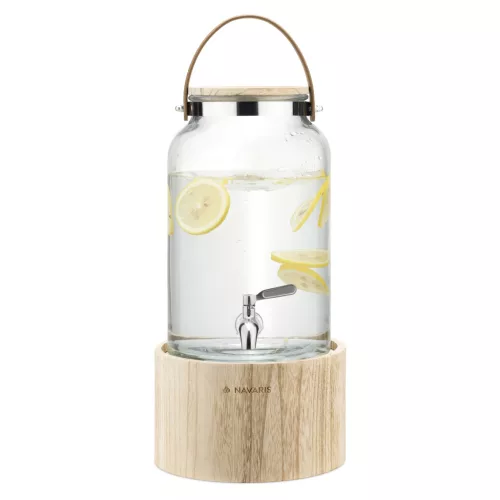 Dozator bauturi Navaris cu suport din lemn, 5.6L, cu robinet inox, elegant, sticla, 60333.01