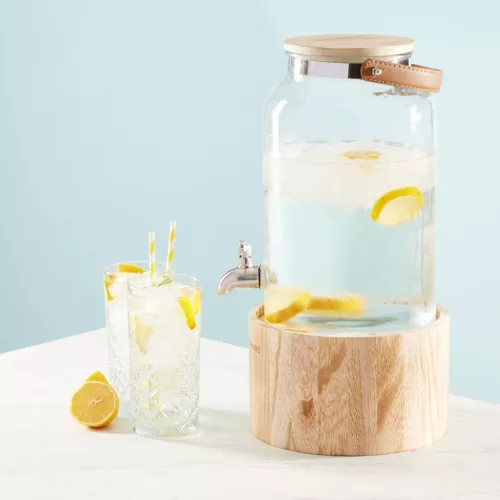 Dozator bauturi Navaris cu suport din lemn, 5.6L, cu robinet inox, elegant, sticla, 60333.01