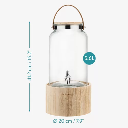 Dozator bauturi Navaris cu suport din lemn, 5.6L, cu robinet inox, elegant, sticla, 60333.01