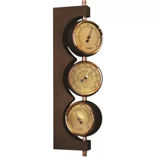 Stație meteo Fischer, barometru, higrometru, termometru, inox, lemn de mahon și alamă, 29 x 7,3 cm, stil colonial