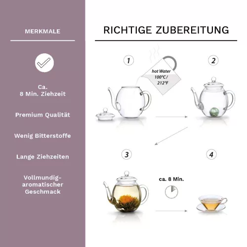 Set ceai infloritor Creano ErbluhTee, ceai negru, ceainic sticla 500 ml, 6 bile