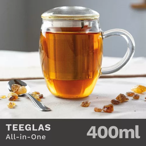 Pahar pentru ceai Creano All-in-One, 400 ml, cu infuzor din inox si capac din sticla