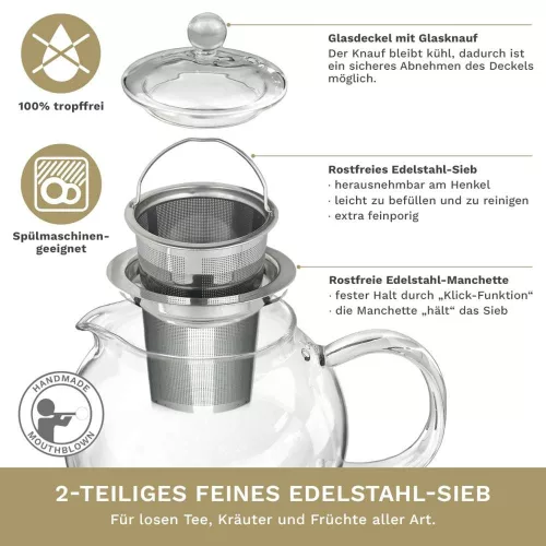 Ceainic din sticla Creano All-in-One, 0,85 L, cu infuzor din inox si capac, anti-picurare