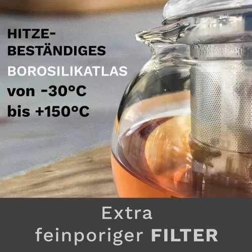 Ceainic din sticla Creano All-in-One, 1,3 L, cu infuzor din inox si capac, anti-picurare