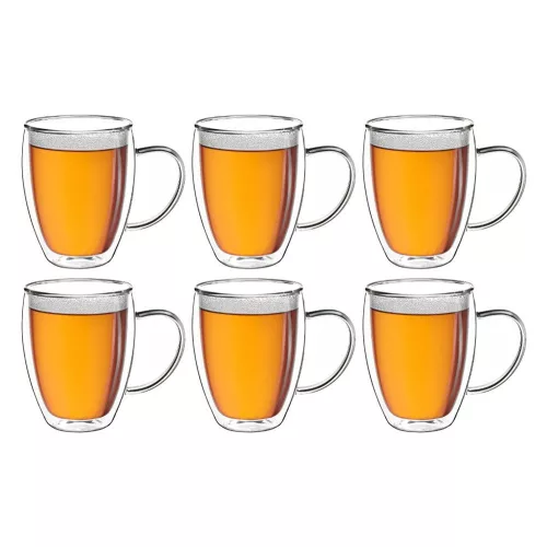 Set 6 cani termice Creano cu maner, 250 ml, sticla borosilicata, perete dublu