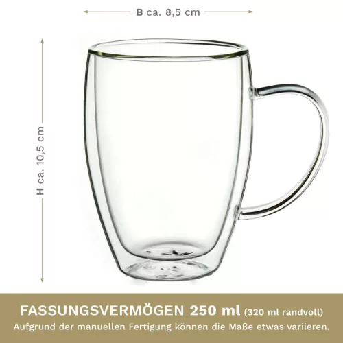 Set 6 cani termice Creano cu maner, 250 ml, sticla borosilicata, perete dublu