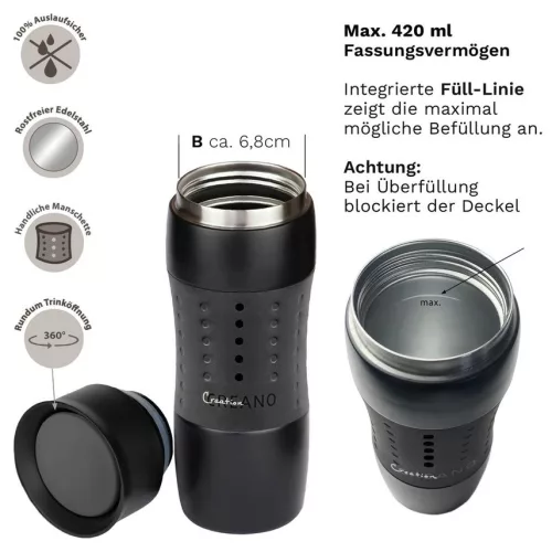Cana termos Creano Design Travel Mug, 420 ml, inox, etansa, deschidere 360, negru