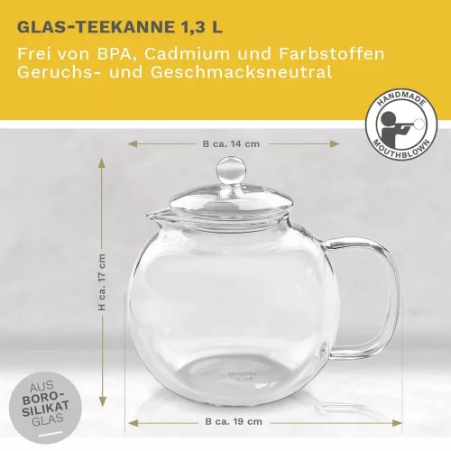 Ceainic din sticla Creano, 1,3 L, cu infuzor din inox, capac si 2 flori de ceai