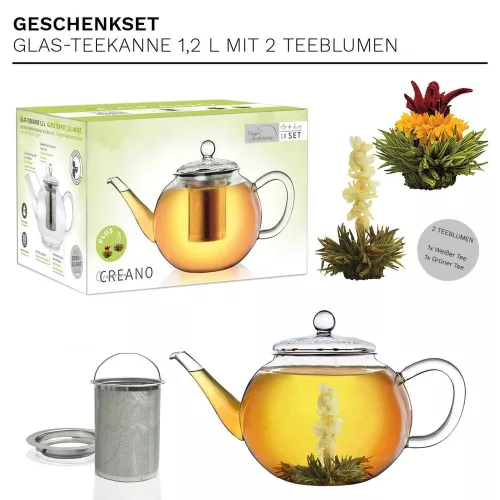 Ceainic din sticla Creano, 1,2 L, cu infuzor din inox, capac si 2 flori de ceai