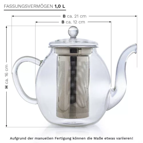 Ceainic din sticla Creano, 1 L, cu infuzor din inox, capac si 2 flori de ceai