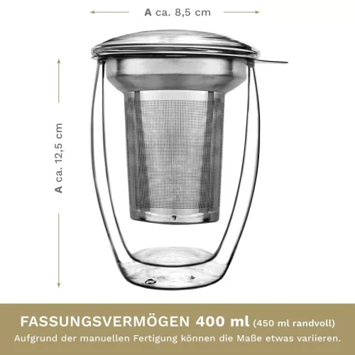 Pahar termic pentru ceai Creano, 400 ml, perete dublu, cu infuzor din inox si capac