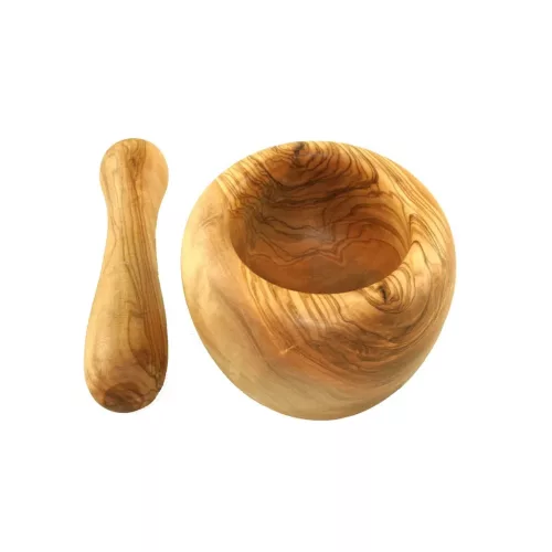 Mojar din lemn de maslin cu pistil, diametru 12 cm, inaltime 7 cm