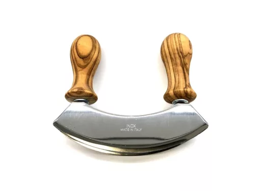 Cutit mezzaluna pentru tocat, manere din lemn de maslin, lama dubla din inox, latime 13 cm
