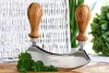 Cutit mezzaluna pentru tocat, manere din lemn de maslin, lama dubla din inox, latime 13 cm