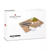 Set branzeturi Rominox Legno, tocator lemn, 3 accesorii inox, taietor cu fir, 27 x 20 cm