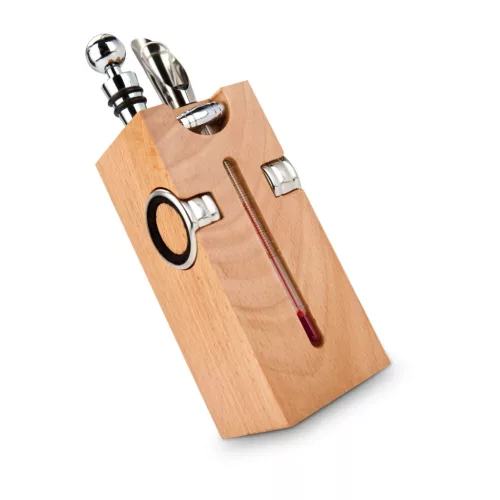 Set accesorii vin Rominox Beech Block, 6 piese, suport fag, tirbuson, dop si inel picurare