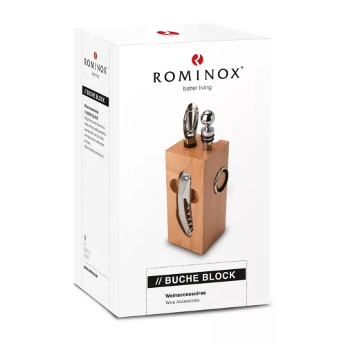 Set accesorii vin Rominox Beech Block, 6 piese, suport fag, tirbuson, dop si inel picurare