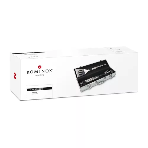 Set gratar Rominox Barbecue, 3 piese, geanta aluminiu, inox, cleste, spatula, furculita