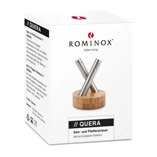 Set solnite Rominox Quera, sare si piper, suport bambus, recipiente inox, design compact