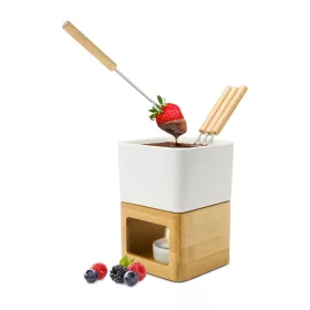   Set fondue ciocolata Rominox Dolce, ceramica, bambus, 4 furculite, suport lumanare, 11 x 15 cm