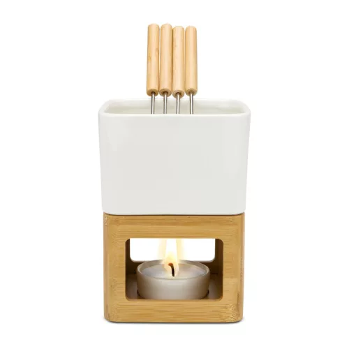 Set fondue ciocolata Rominox Dolce, ceramica, bambus, 4 furculite, suport lumanare, 11 x 15 cm