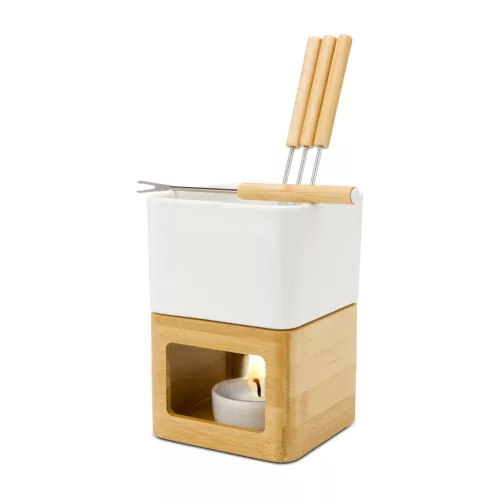 Set fondue ciocolata Rominox Dolce, ceramica, bambus, 4 furculite, suport lumanare, 11 x 15 cm